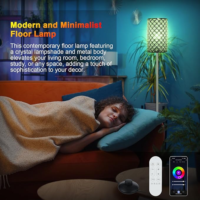 Crystal Floor Lamp,LED Modern Tall Light Standing Lamp, RGB LED Floor Lamp with On/Off Foot Switch Silver Tall Pole Lighting for Bedroom Remoter &APP Control Stepless Dimmable (E26 Base)