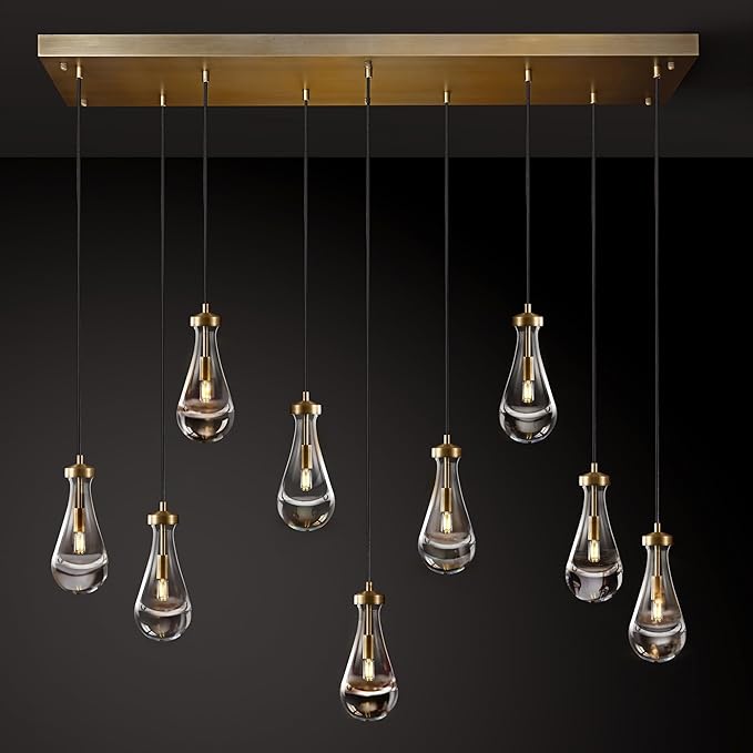 Raindrop 9-Light Chandeliers for Dining Room, Brass Teardrop Pendant Lights, Gold Living Room Lights Fixture, Modrn Pendant Light Kitchen Island, Adjustable Rope Hanging Lamp Ceiling for Living Room