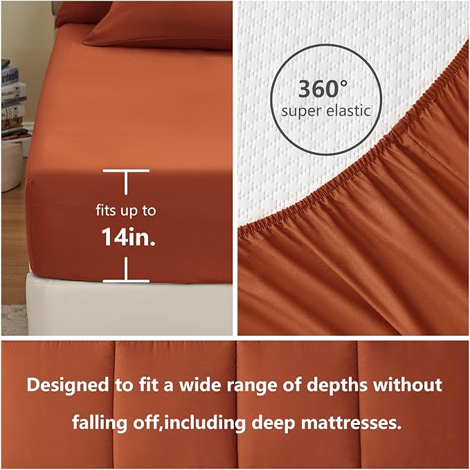 CozyLux Full Size Comforter Sets Terracotta, 7 Pieces Bed in a Bag, Burnt Orange Fall Comforter Full Size, All Season Bedding Sets with Stitch Quilted Comforter, Flat Sheet, Fitted Sheet, Pillowcases