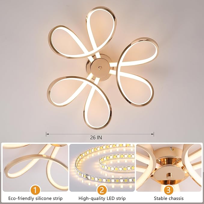 Q&S Modern Dining Room Light Fixture,Kitchen Led Ceiling Light,Dimmable Gold Flush Mount Ceiling Light Fixture for Bedroom with Remote,Led Chandelier for Living Room Hallway 3-Color Change