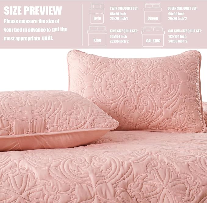 Exclusivo Mezcla Quilt Set Oversized King Size with 2 Pillow Shams, Lightweight Blush Pink Quilts with Vintage Damask Pattern, Soft Cal King Bedspreads Coverlets Bedding Set for All Seasons