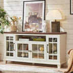 Large Sideboard Buffet Cabinet with Storage, Vintage White Farmhouse 60" Wide Credenza Accent Cabinets with Glass Doors & Wood Legs, Kitchen Coffee Bar Table for Dining Room, Living Room