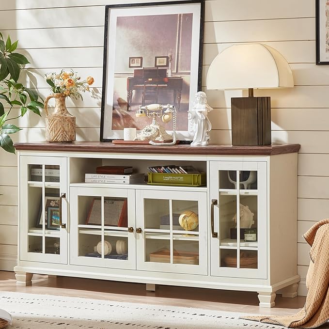 Large Sideboard Buffet Cabinet with Storage, Vintage White Farmhouse 60" Wide Credenza Accent Cabinets with Glass Doors & Wood Legs, Kitchen Coffee Bar Table for Dining Room, Living Room