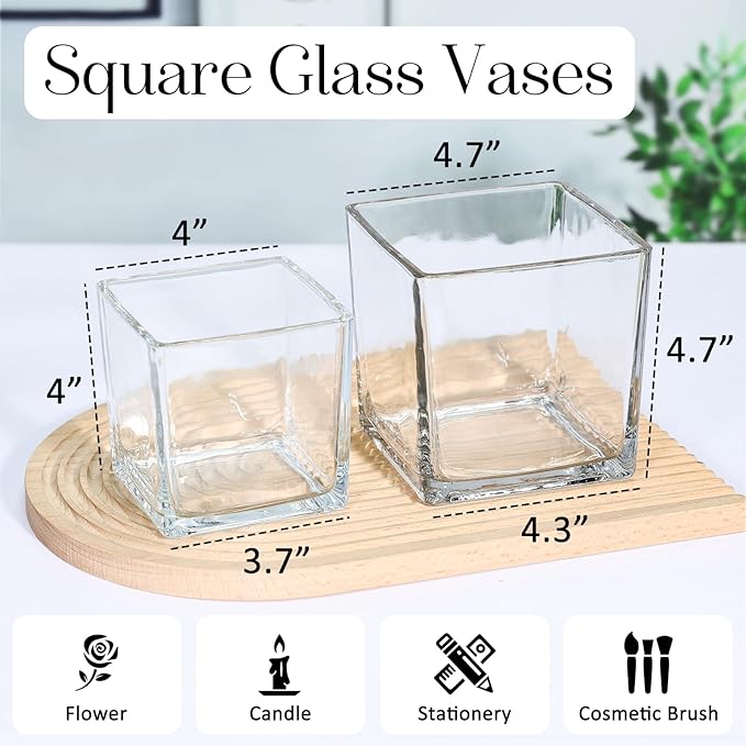 KEYWING 6 Pack Square Glass Vase 4" x 4" x 4", Clear Flower Vases for Centerpieces, Square Glass Cube Vase Candle Holder for Wedding, Party, Home Office Decoration