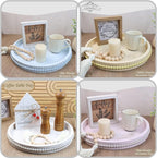 Round Wood Serving Tray with Beads, Yellow Washed Wooden Decorative Tray for Entertaining, Decoration, and Gifting