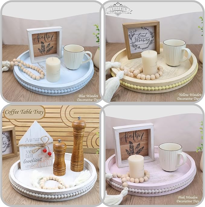 Round Wood Serving Tray with Beads, Yellow Washed Wooden Decorative Tray for Entertaining, Decoration, and Gifting