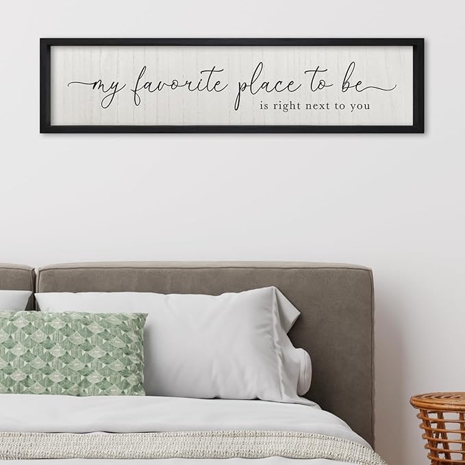 ZZJJHYWGQ Love Quotes Wall Decor My Favorite Place To Be Sign 32"×8" Couples Love Theme Plaque Modren Farmhouse Master Bedroom Above Over Bed Wood Framed Wall Art (Black)