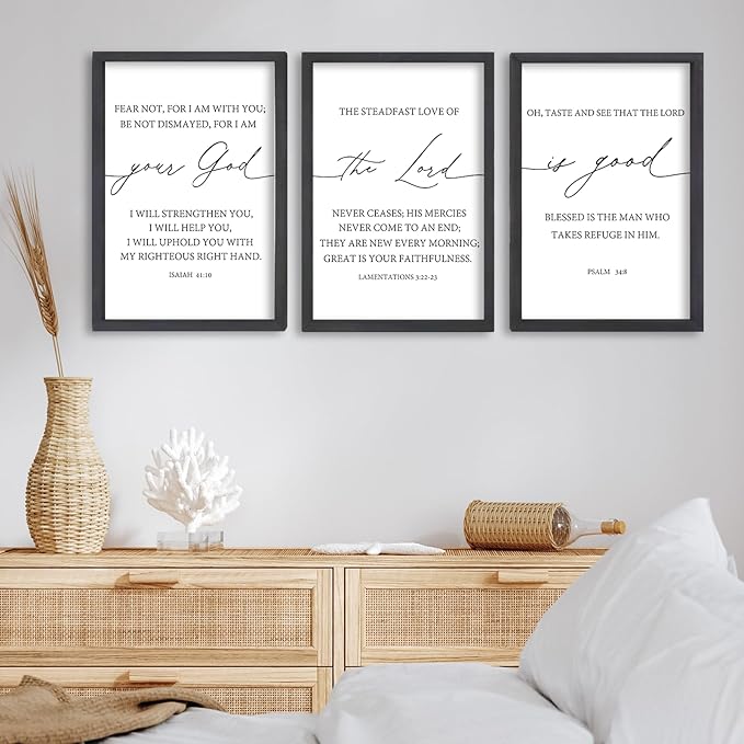 FZMHASLWW The Lord Your God Is Good Sign Bible Verses Wall Decor 16"X11" Set of 3 Christian Scripture Prayer Inspirational Motivational Quotes Family Framed Wall Art (Black)