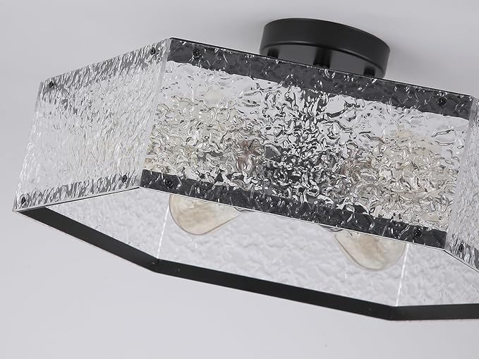 6-Light Large Modern Black Flush Mount Ceiling Light Fixture 20 inch Water Ripple and Metal Hexagon Cage Semi Flush Mount Ceiling Light for Hallway Entry Bedroom Living Room Farmhouse, Black
