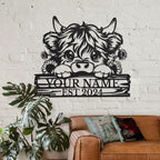 Personalized Highland Cow Name metal Signs,Custom Highland Cow Metal Shed Wall Decor,Black Metal Wall Art Plaques Outdoor wall Decorative Signage (Style D)