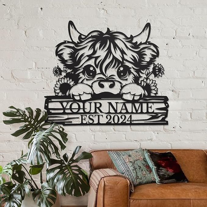 Personalized Highland Cow Name metal Signs,Custom Highland Cow Metal Shed Wall Decor,Black Metal Wall Art Plaques Outdoor wall Decorative Signage (Style D)