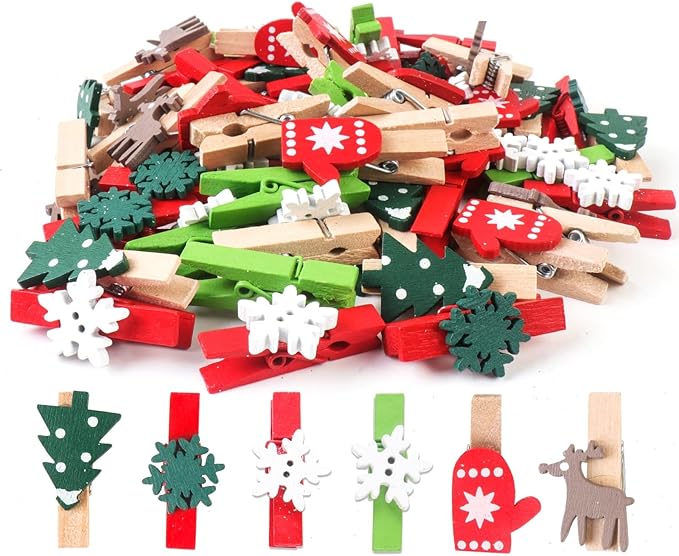 Mini Christmas Wooden Clips 60PCS, Christmas Photo Clips, Christmas Tree Clothespins for Christmas Hanging Photos and Party Decorations