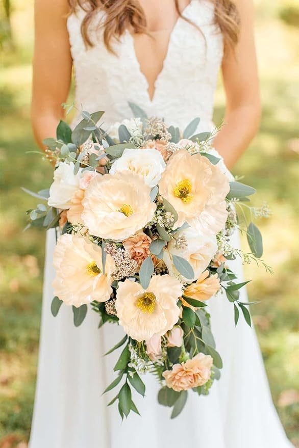 IPOPU 43.3" Poppy Flowers Artificial Flowers 6PCS Fake Silk Poppies Long Stem Artificial Flowers for Tall Vase for Wedding Party Home Decor(Champagne)