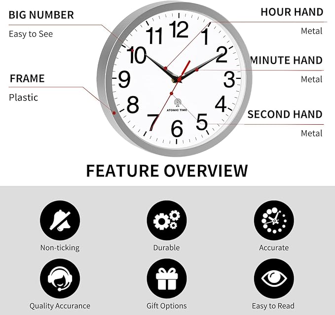 Atomic Wall Clock Modern 12 Inch Battery Operated Silent Non Ticking Analog Clock Decorative for Bedroom Kitchen Bathroom Office Home Living Room (Silver)
