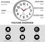 Atomic Wall Clock Modern 12 Inch Battery Operated Silent Non Ticking Analog Clock Decorative for Bedroom Kitchen Bathroom Office Home Living Room (Silver)