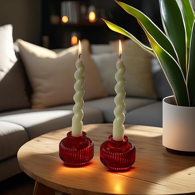 Kate Aspen Red Ribbed Taper Candle Holders for Candlesticks Set of 4, Candlestick Holders, Votive Candle Holder Decor, Red Kitchen Decor, Glass Candlestick Holder,Table Centerpieces, Holiday Accents