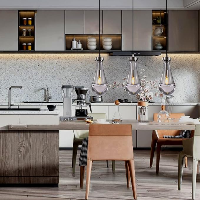 Raindrop Pendant Light Set of 3, Brushing Nickel Pendant Lights for Kitchen Island, Ceiling Hanging Pendant Fixtures, Interior Lighting for Kitchen, Bedroom, Bathroom