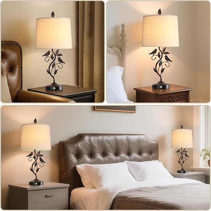 27" Set of 2 Touch Farmhouse Table Lamps for Living Room with 3-Way Dimmable 2 USB Ports, Vintage Rustic Iron Leaf Nightstand Lamp for Bedroom, LED Bulb Included (‎Bronze)