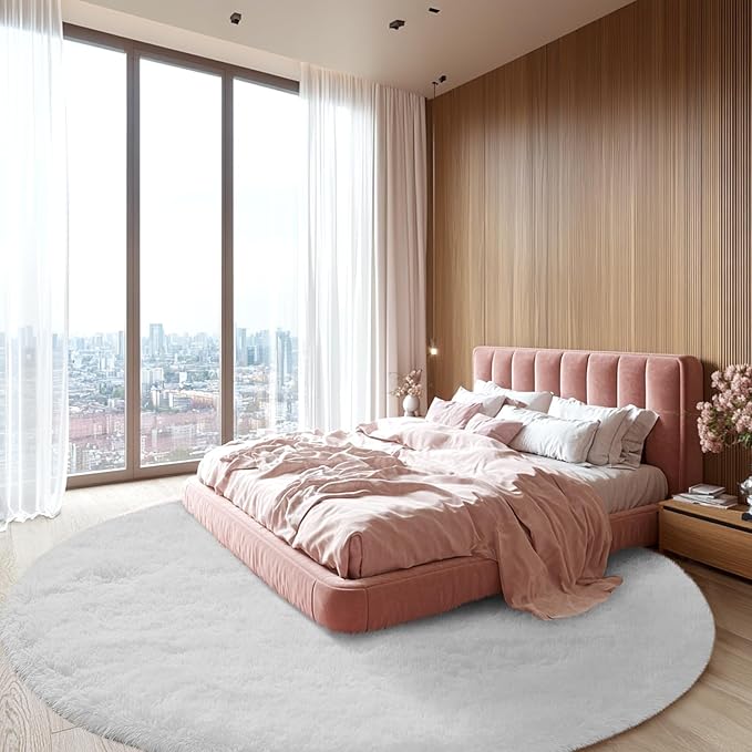 Round Area Rug for Living Room: White Shag Rugs for Bedroom- 7x7 Feet Fluffy Round Rugs for Living Room- Shag White Rugs Soft Plush Indoor Carpets for Bedroom, Nursery, 7ft