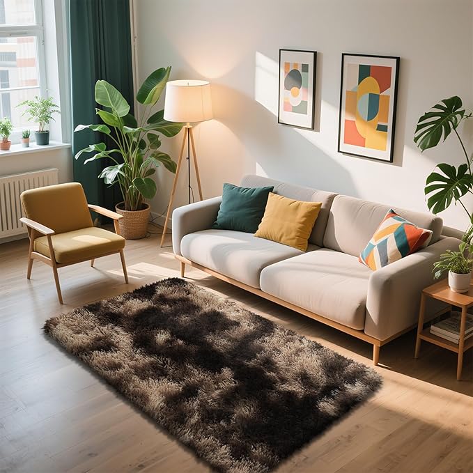 Shag Area Rug for Bedroom 3x5,Fluffy Area Rugs for Living Room,Soft Fuzzy Rug Non-Shedding Indoor Plush Carpet for Kids Bedroom Nursery Dorm Home Decor,Tie-Dyed Coffee