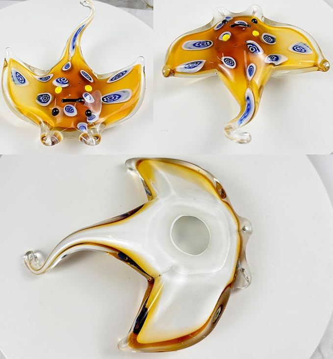 Crystal Ray Fish Figurine Hand Blown Glass Manta Ray Statue Collectibles Ocean Art Sea Animal Home Table Decor Gift Yellow 4.9''