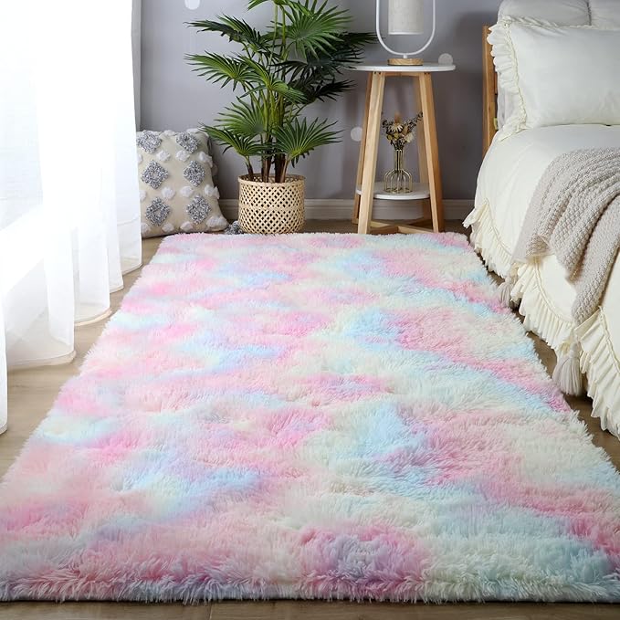 Rainbow Rugs for Girls Bedroom Living Room,4x6 Feet Shag Fuzzy Area Rug for Kids Playroom,Pastel Plush Shaggy Carpet for Nursery Baby Toddler Dorm Room
