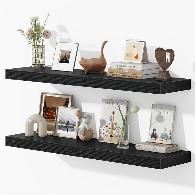 40 Inches Floating Shelves for Wall, 9.3" Deep Long Floating Shelves Set of 2, Large Display & Storage Shelf, Wall Shelf for Bathroom Bedroom Living Room Kitchen Office, Black