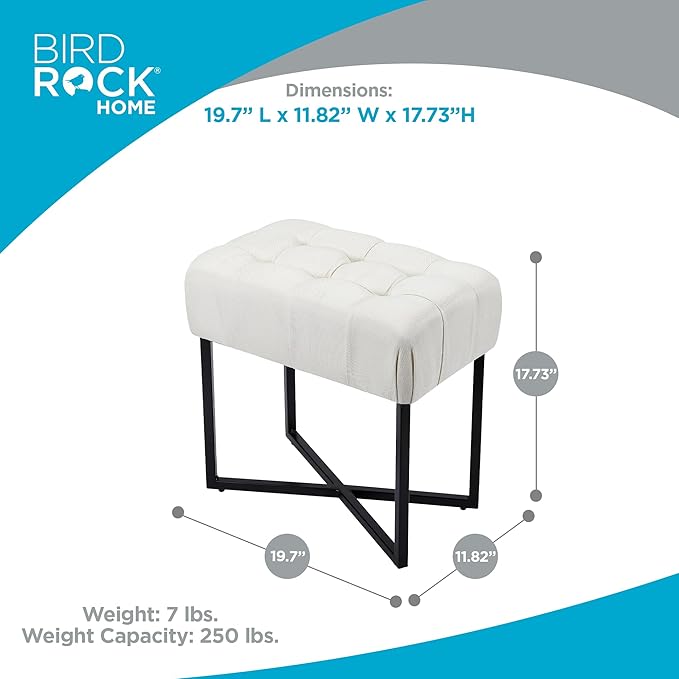 BIRDROCK HOME Rectangular Tufted Foot Stool Ottoman with Soft Padded Cushion - Versatile Vanity Chair for Bedroom, Living Room, Bathroom - Compact Seating for Adults - Cream with Black Metal Legs