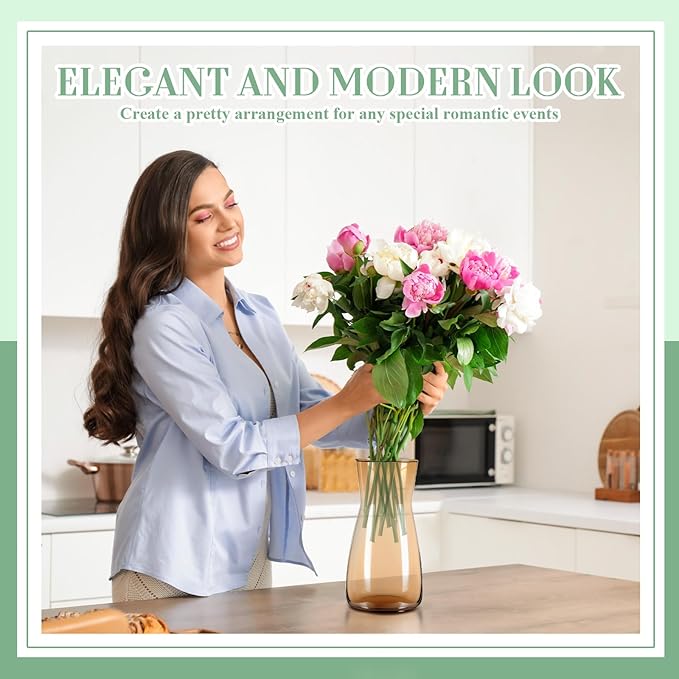 Thenshop 10 Pcs 8'' Tall Clear Flower Vase Wide Mouth Crystal Glass Boho Decorative for Centerpieces Bulk Tall Vase for Flower Bouquets Rustic Home Decor Wedding Housewarming Gift (Amber)