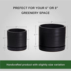 6 + 8 Inch Plant Pots, Ceramic Planter Pot with Drainage Hole & Saucer, Indoor/Outdoor Cylinder Round Planter Pot, Matte Black