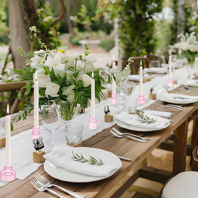 Double Sided Vintage Ribbed Taper Glass Candle Holders,Tea Candle Holder for Table Centerpieces, Wedding Decorations and Dinner Parties (Pink, 3 PCS)