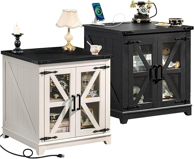 Farmhouse End Table with Charging Station, 24" Large Sofa Side Table with Glass Barn Door, Green Nightstand with Adjustable Storage Shelf, Wood Square Bedside Table for Living Room, Bedroom