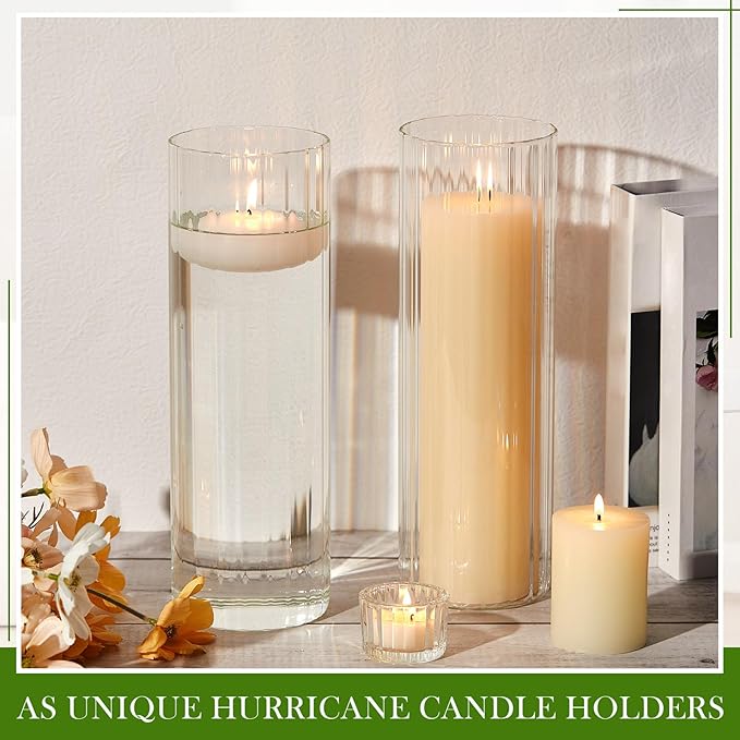 2 Pcs 12 Inch Tall Glass Ribbed Cylinder Vases Clear Floating Candle Flower Vase in Bulk, Hurricane Candle Holder for Wedding Housewarming Gift Table Centerpieces