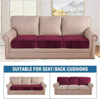 H.VERSAILTEX Velvet Stretch Couch Cushion Cover Plush Cushion Slipcover for Chair Loveseat Sofa Cushion Furniture Protector Seat Cushion Sofa Cover (3 Piece XL Sofa Cushion Covers, Burgundy)
