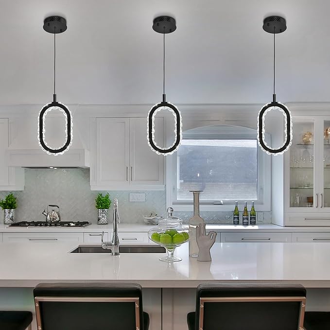 Black 1 Ring Pendant Lights Kitchen Island Single Head Crystal Chandeliers Foyer Entrance Modern LED Dimmable Chandeliers