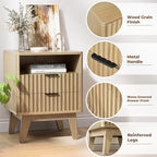 Nightstand Set of 2 with Charging Station, Modern Fluted 2 Drawers End Tables, Side Tables with Storage Shelf for Bedroom, Office, Natural Oak