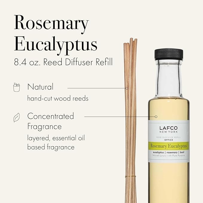 LAFCO New York Reed Diffuser Refill, Rosemary Eucalyptus - 8.4 oz - Up to 4-Month Fragrance Life - Includes Natural Wood Reeds - Free of Dyes & Propellants - Made in the USA