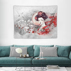Japanese Geisha Tapestry Asian Red Cherry Blossom Traditional Kimono Folk Tapestries Home Decor for Living Room Bedroom Apartment Farmhouse Dorm 40"x30"