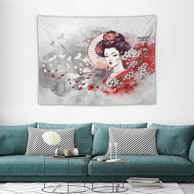Japanese Geisha Tapestry Asian Red Cherry Blossom Traditional Kimono Folk Tapestries Home Decor for Living Room Bedroom Apartment Farmhouse Dorm 40"x30"