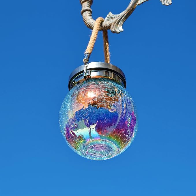 Cooo 2 Pack Solar Lantern Outdoor Waterproof Iridescent Crackle Glass with 215% Larger Solar Panel, Stainless Steel Lid – Rainbow Glass Hanging Light with Cool White LED for Garden Patio Table