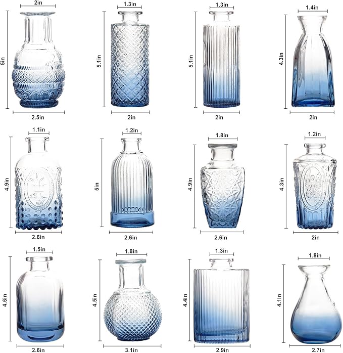 RUCKACE Bud Vases in Bulk 22 Blue Glass Small Vases Flower Vase Bulk for Centerpiece Table Wedding Decorations Home Decor Party(Gradient Blue 22 Pack)