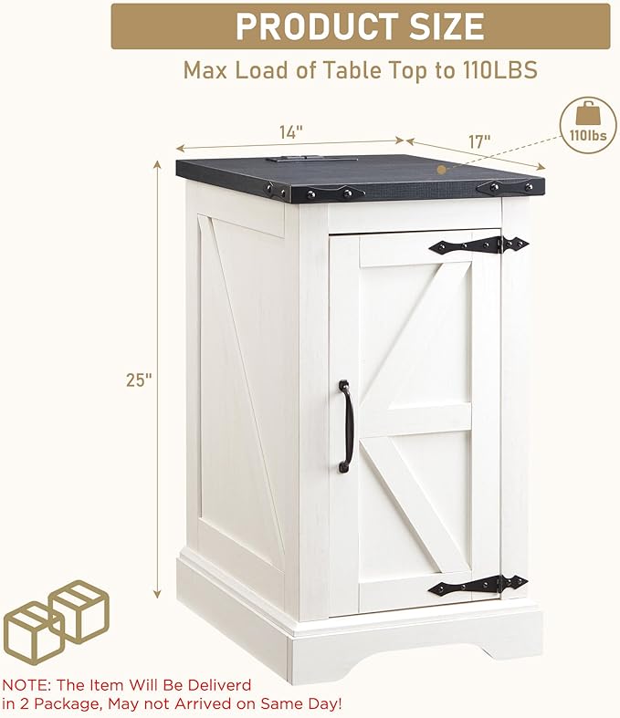 JXQTLINGMU Farmhouse Nightstand Set of 2 with Charging Station, 17" D Rectangular End Table with Barn Door & Adjustable Storage Shelf, Wood Rustic Sofa Side Table for Living Room, Bedroom, White