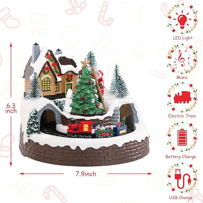 taman Christmas Village Houses Collectible Buildings - Moving Train Around The Christmas Tree,Warm Light Musical Ornaments for Holiday Decorations