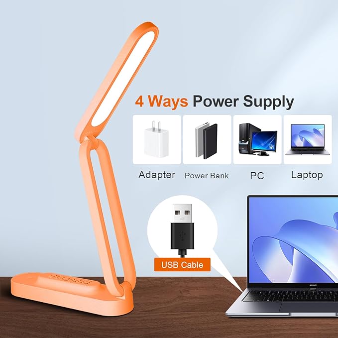 LED Desk Lamp for Office Home & Battery Operated Lamp Rechargeable Lamp Foldable & Portable Light, LED Desk Light Strip, 3 Brightness Dimmable Small Desk Lamp Reading Lamp (Orange)