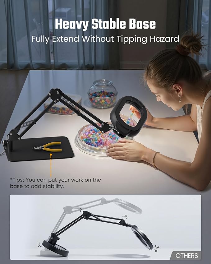 Magnifying Desk Lamp, 10X Square Magnifying Glass with Light and Stand, Dimmable LED Magnifier Lamp with Clamp and Base, Adjustable Swing Arm Light for Close Work, Reading, Crafting, Black