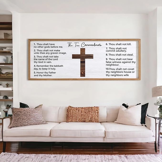 Ten Commandments Rustic Bible Verse Framed Wall Art 40" x 15" Natural Religious Christian Slogan Representing God Jesus Christ Prayer Vintage Holy Inspirational Catholic Scripture Decor