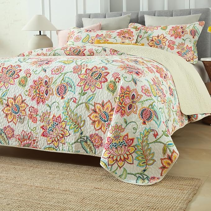 Cotton Bedspread Bedding Coverlet Quilt Sets, Reversible Vintage Branch Floral Bedspread comforters,(Vintage Floral White Pattern, King Size)