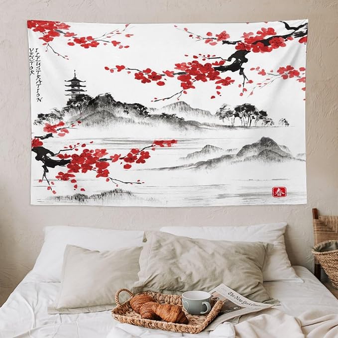 Cherry Blossoms Tapestry, Japanese Fuji Mountain Tapestry, Asian Japanese Wall Tapestry, Nature Landscape Tapestries for Bedroom Living Room Decor 60"x40"