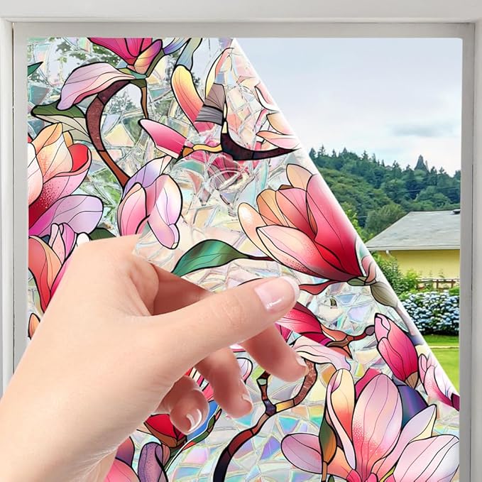 Window Film, Decorative Pink Magnolia Stained Static Glass Window Clings Stickers for Home Office Living Room Bedroom Glass Windows Door Decor 16.93 x 39.37 Inches