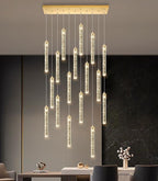 Rectangular Chandeliers 17-Lights Long Light for Entryway LED Dimmable Chandeliers Lighting Fixture Flat Sloped High Ceiling Pendant Lights Crystal for Living Room Foyer Hallway Staircase Gold